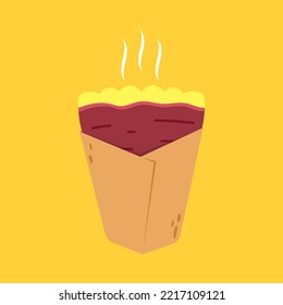 Roasted sweet potato in paper pack. Roasted sweet potato on yellow background. Japanese Sweet potato.