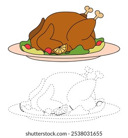 Roasted thanksgiving turkey coloring pages for kids. Trace and color roasted thanksgiving turkey dinner. Roasted thanksgiving turkey dinner isolated on white background. Worksheet printable for kids. 