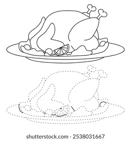 Roasted thanksgiving turkey coloring pages for kids. Trace and color roasted thanksgiving turkey dinner. Roasted thanksgiving turkey dinner isolated on white background. Worksheet printable for kids. 