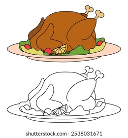 Roasted thanksgiving turkey coloring pages for kids. Trace and color roasted thanksgiving turkey dinner. Roasted thanksgiving turkey dinner isolated on white background. Worksheet printable for kids. 