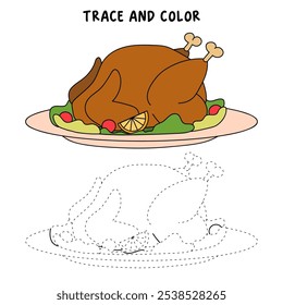 Roasted thanksgiving turkey coloring pages for kids. Trace and color roasted thanksgiving turkey dinner. Roasted thanksgiving turkey dinner isolated on white background. Worksheet printable for kids. 