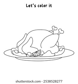 Roasted thanksgiving turkey coloring pages for kids. Trace and color roasted thanksgiving turkey dinner. Roasted thanksgiving turkey dinner isolated on white background. Worksheet printable for kids. 