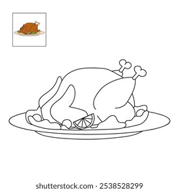 Roasted thanksgiving turkey coloring pages for kids. Trace and color roasted thanksgiving turkey dinner. Roasted thanksgiving turkey dinner isolated on white background. Worksheet printable for kids. 