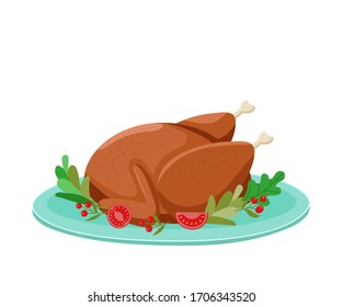 Roasted Thanksgiving turkey with vegetables on the plate. Grilled chicken vector illustration