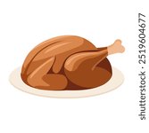 A roasted turkey bird on a dish for Thanksgiving or harvest festival. Vector Illustration