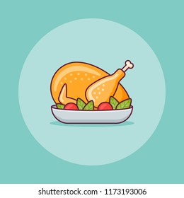 Roasted turkey or chicken flat line icon. Thanksgiving dinner. Vector illustration.