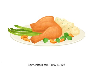 Roasted Turkey or Chicken Leg Served on Plate with Mashed Potato and Vegetables as Thanksgiving Day Dish Vector Illustration