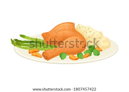 Roasted Turkey or Chicken Leg Served on Plate with Mashed Potato and Vegetables as Thanksgiving Day Dish Vector Illustration
