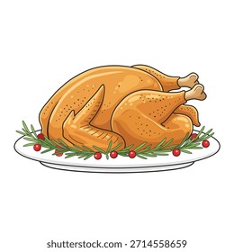 Roasted turkey chicken on plate with rosemary and berries vector illustration icon in flat cartoon style isolated