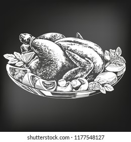 Roasted turkey, chicken,with ingredients hand drawn vector illustration sketch. chalk menu. retro style