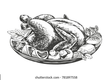 Roasted turkey, chicken,with ingredients hand drawn vector illustration realistic sketch