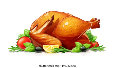 Roasted turkey. Christmas and thanksgiving day treat. Grill chicken food, Isolated on white background. Eps10 vector illustration.