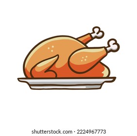 Roasted turkey design. Thanksgiving food symbol. Cartoon style vector.