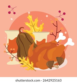 Roasted turkey with drinks. Vector illustration