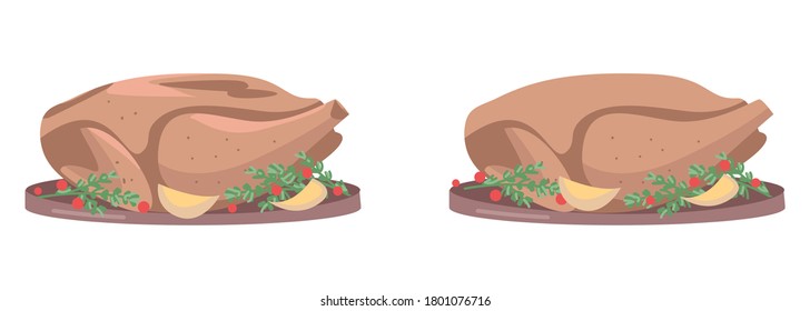 Roasted turkey flat color vector object set. Poultry dish. Thanksgiving meal. Christmas festive food. Grilled chicken isolated cartoon illustration for web graphic design and animation collection