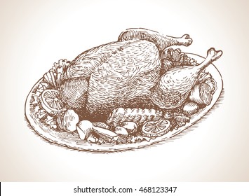 Roasted turkey free hand drawing, sketch style