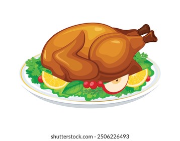 Roasted turkey with garnish on a plate vector illustration. Thanksgiving roast turkey meat with garnish icon vector isolated on a white background. Whole roasted turkey or chicken drawing