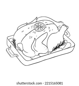 Roasted turkey hand drawn vector illustration. Thanksgiving dinner main course. Sketch design element isolated on white background. Baked chicken traditional dish ink pen freehand drawing, food sketch