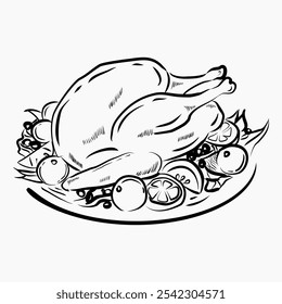 roasted turkey handdrawn vector line art graphic design illustration