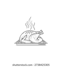 Roasted turkey with herbs on a baking tray with steam