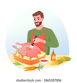 Roasted turkey for holiday dinner vector illustration. Cartoon man in chef apron cooking in kitchen, preparing raw turkey with vegetables for roasting, Christmas or Thanksgiving menu isolated on white