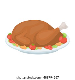 Roasted turkey icon in cartoon style isolated on white background. Canadian Thanksgiving Day symbol stock vector illustration.