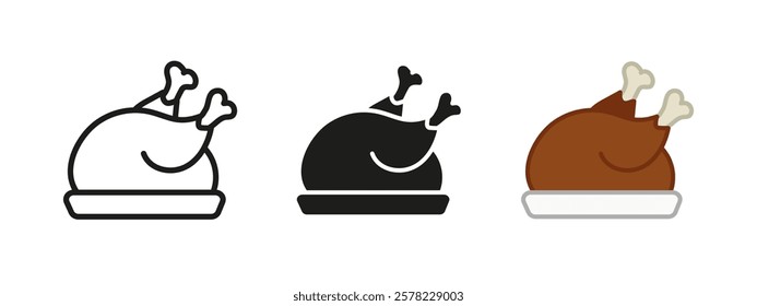 Roasted turkey icon. Cooked chicken with dish vector illustration. Thanksgiving food symbol. Grilled meat sign. Roast poultry pictogram. Crispy duck on the plate concept isolated.