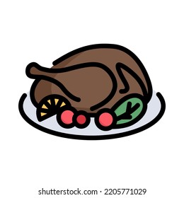 Roasted turkey icon. Filled outline design. Homemade roasted turkey with gravy for Thanksgiving or Christmas. For presentation, graphic design. Vector Illustration.