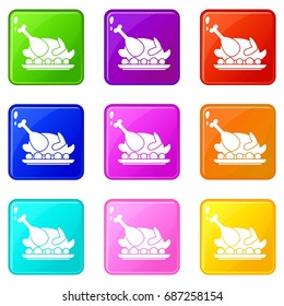 Roasted turkey icons of 9 color set isolated vector illustration