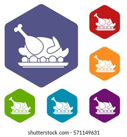 Roasted turkey icons set rhombus in different colors isolated on white background