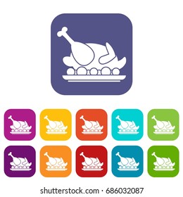 Roasted turkey icons set vector illustration in flat style in colors red, blue, green, and other