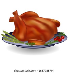 Pavo asado aislado en un fondo blanco. Dibujo vectorial de un pavo frito con tomates cereza, romero, espárragos en un plato. Ilustración vectorial de cena tradicional de vacaciones.