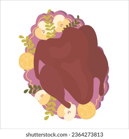 Rösteter Truthahn einzeln auf weißem Hintergrund. Vektorgrafik eines Putenfrites mit Äpfeln, Rosmarin auf einem Teller. Traditionelles Thanksgiving-Dinner, Vektorgrafik.