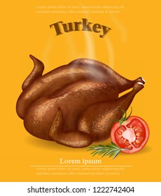 Roasted turkey isolated Vector. Fresh steaming hot meal realistic 3d illustrations