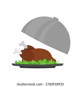 Roasted turkey on a dish with a leaf of salad. Fried chicken. Good for Thanksgiving theme design. Isolated. Vector.
