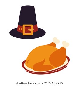 Roasted turkey on a oval platter and Pilgrim Hat in trendy shades. Traditional Thanksgiving symbols