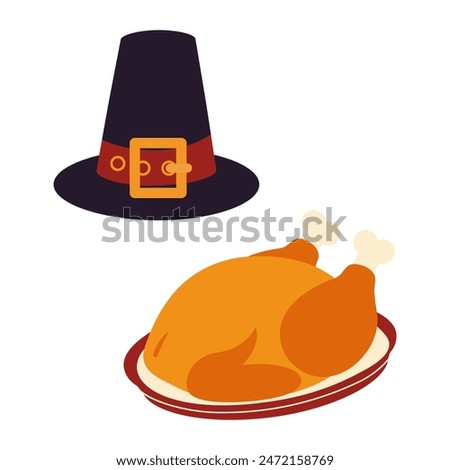 Roasted turkey on a oval platter and Pilgrim Hat in trendy shades. Traditional Thanksgiving symbols
