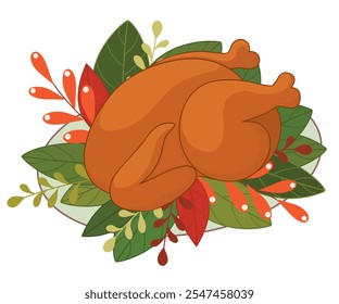 Roasted turkey on plate decorated with leaves and flowers for Happy Thanksgiving.