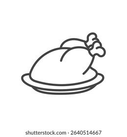 Roasted turkey on plate. Monochrome hand drawn illustration of poultry dish on white background. Vector 10 EPS.