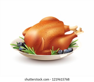 Roasted turkey on plate. Traditional dish for Thanksgiving or Christmas meal. Vector illustration.