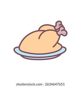 Peru assado no prato. O prato tradicional festivo de aves frequentemente era servido durante as férias de outono, como o Dia de Ação de Graças. Ilustração desenhada à mão bonito sobre fundo branco. Vetor 10 EPS.