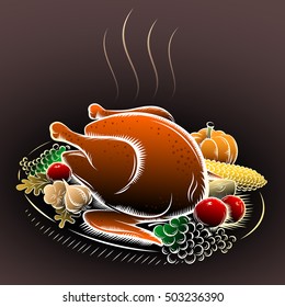 Roasted turkey on Thanksgiving Day; Vintage hand drawn vector background Eps8