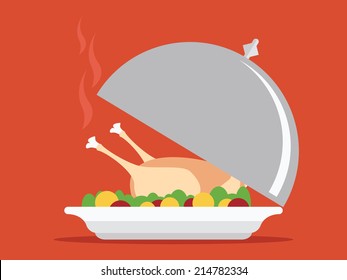 Roasted turkey on tray vector illustration for Thanksgiving