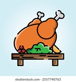 A roasted turkey on a wooden platter, garnished with cranberries, herbs, and an orange slice.  Perfect for Thanksgiving.