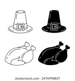 Roasted Turkey and Pilgrim Hat Black and White silhouette and outline hand drawn Thanksgiving symbol