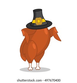 Roasted turkey and pilgrim hat. Traditional festive fowl. Symbol Historic national holiday. Illustration for Thanksgiving Day