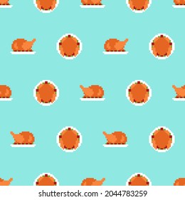 Roasted Turkey pixel art pattern seamless. pixelated Roast background. 8 bit vector texture