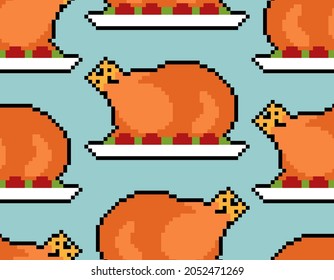 Roasted Turkey pixel art pattern seamless. pixelated Roast background. 8 bit vector texture