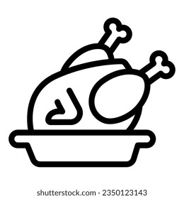 Roasted turkey in plate line icon, Thanksgiving Day concept, roasted chicken sign on white background, Thanksgiving fried turkey icon in style for and web. Vector graphics.