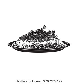 Roasted turkey with rice and garnish black silhouette on white background